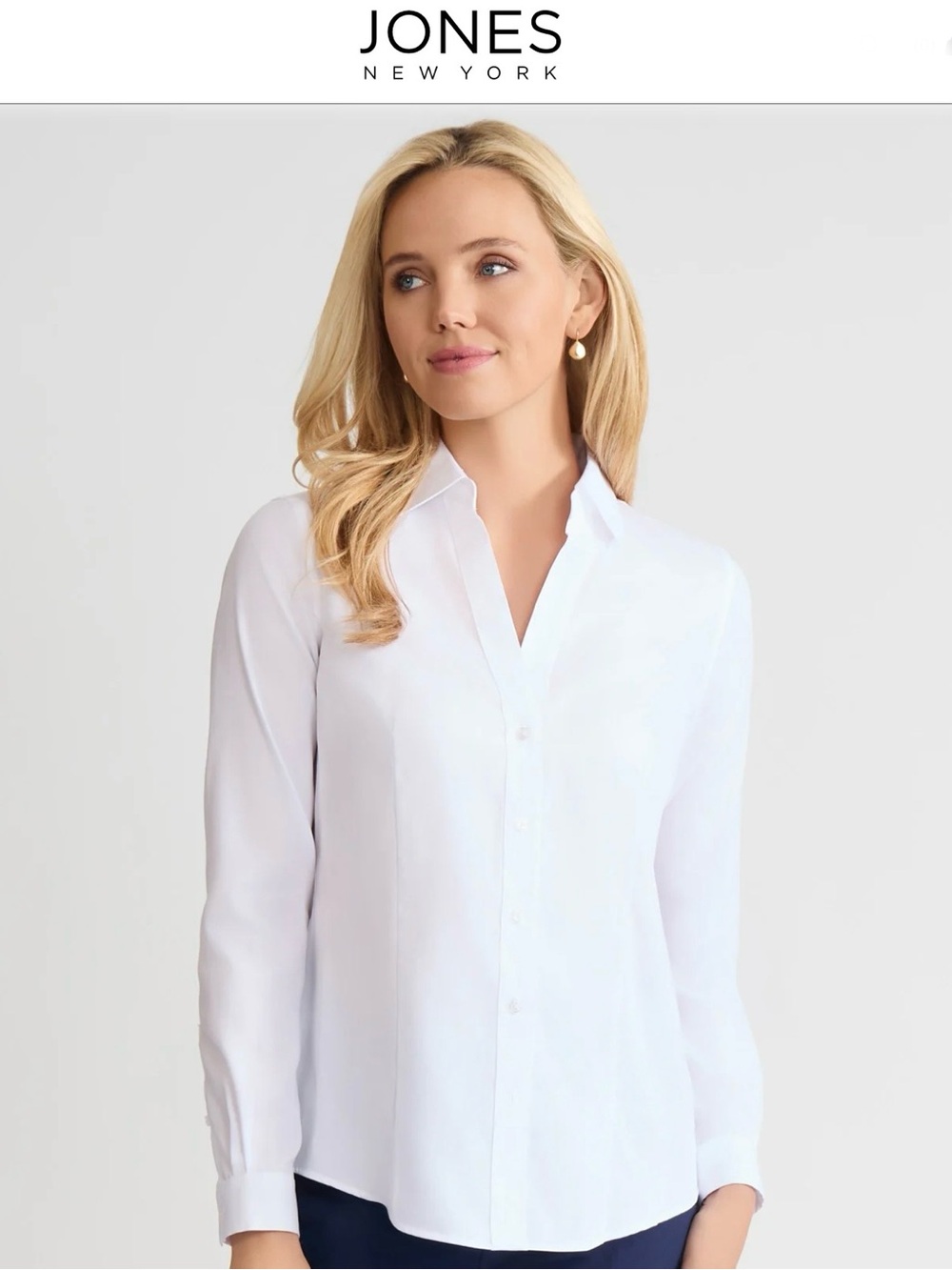 Jones New York White Button-Front V-Neck Blouse - Picture 2 of 12